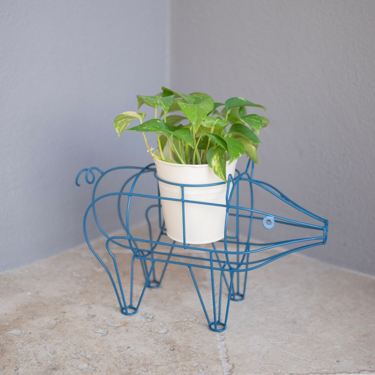 Blue Metal Pig-Shaped Plant Stand with Pot