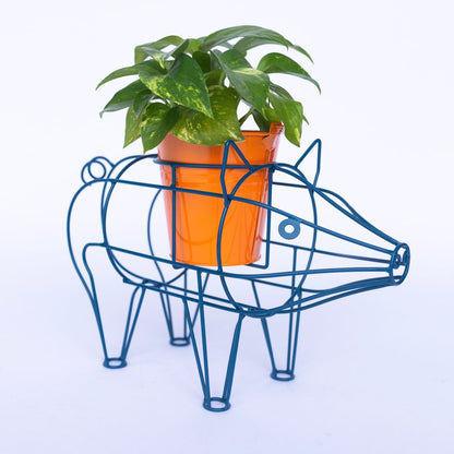 Blue Metal Pig-Shaped Plant Stand with Pot