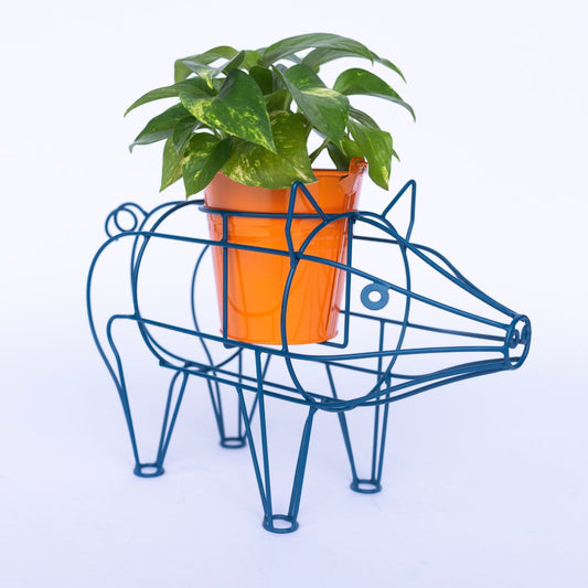 Blue Metal Pig-Shaped Plant Stand with Pot