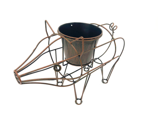 Rust Metal Pig-Shaped Plant Stand with Pot